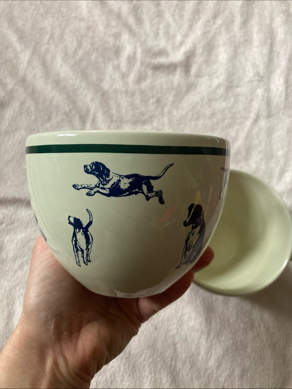 Eddie Bauer Cream Ceramic Mugs with Navy Dog Prints and Dark Green Rim